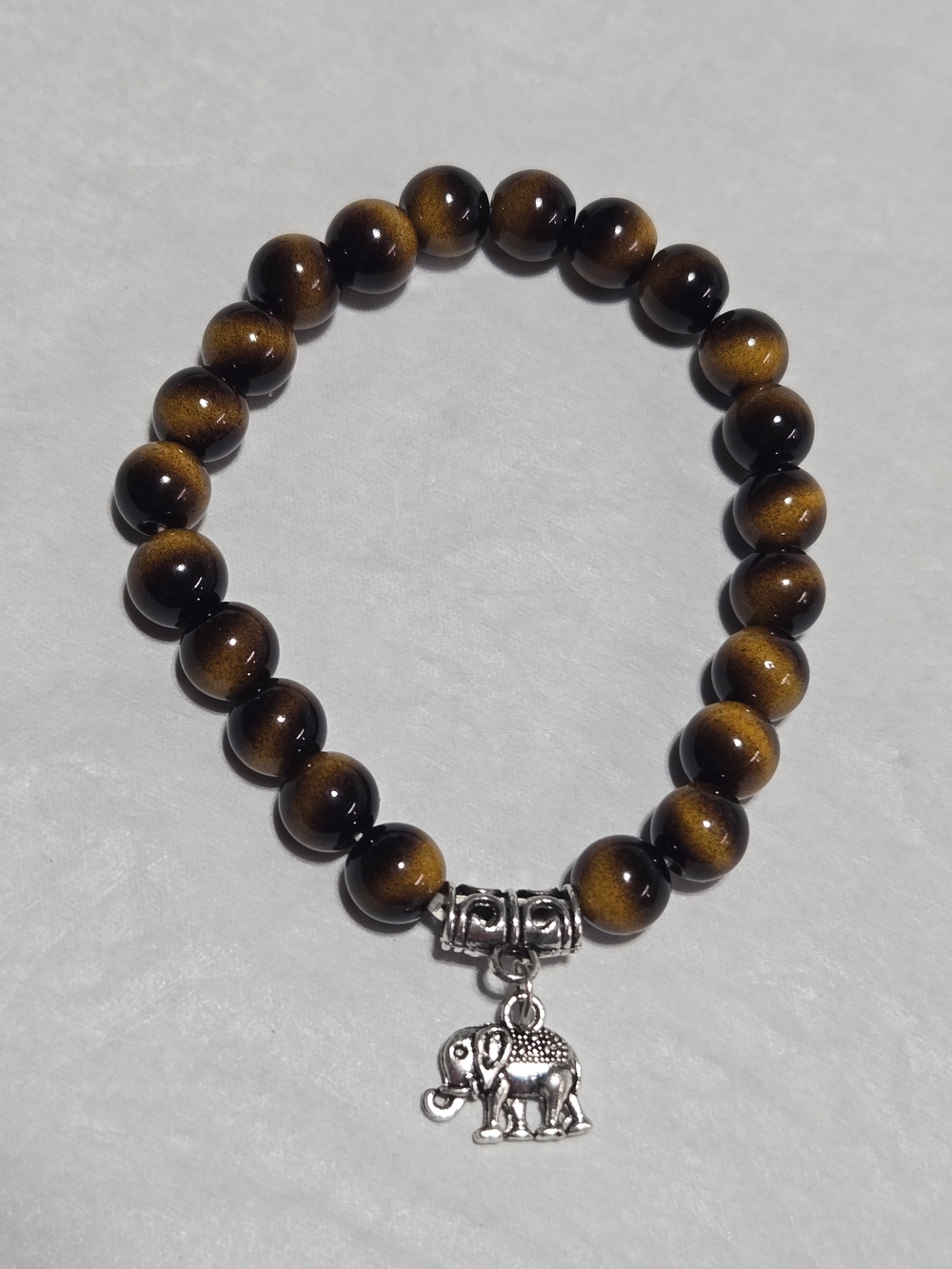 8mm- Brown Beaded Bracelet with Elephant Charm - Brown
